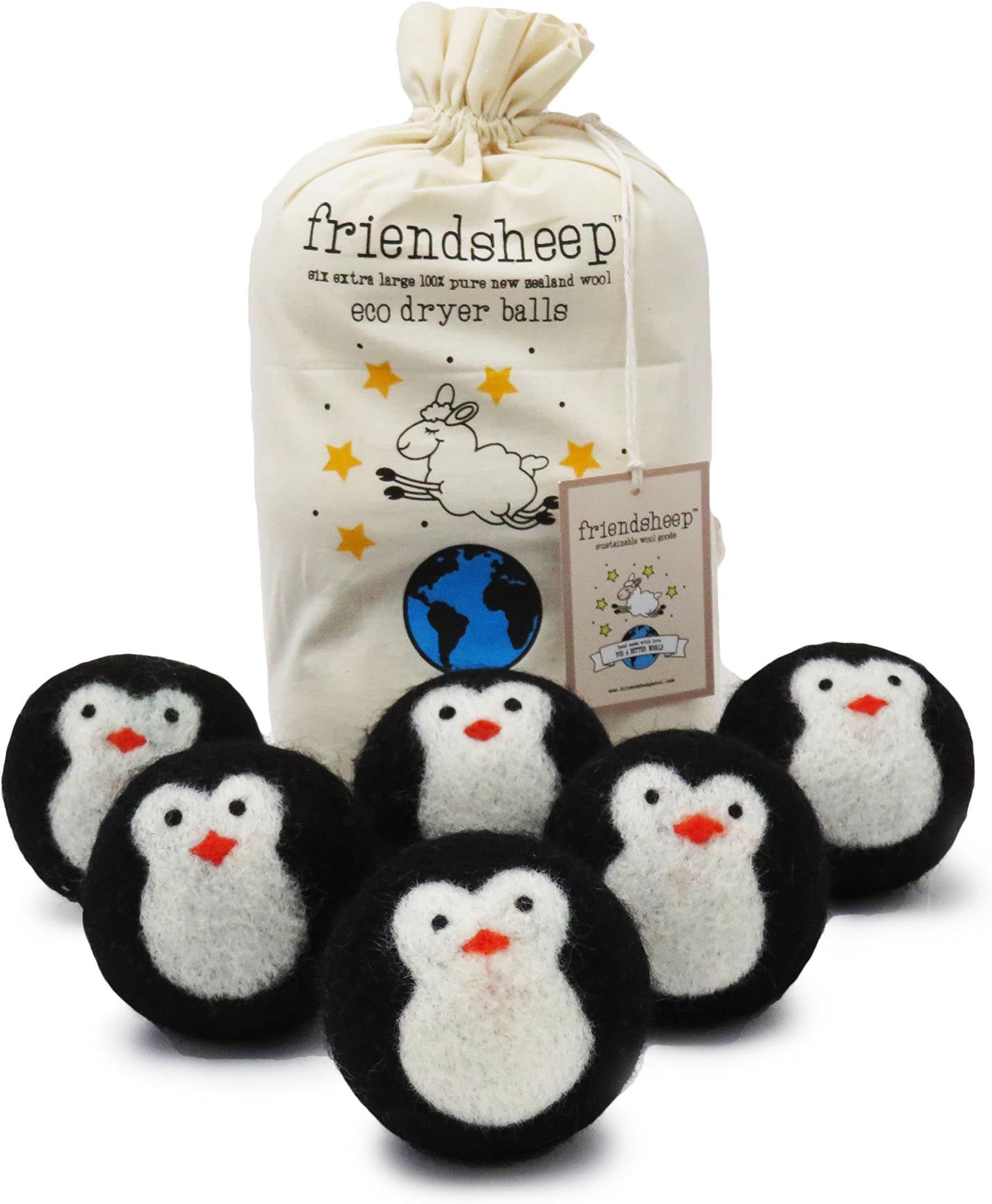Organic Eco Wool Dryer Balls - Black Penguin - 6 Pack - 100% Handmade, Fair Trade, Organic, No Lint - Premium Quality"Cool Friends"