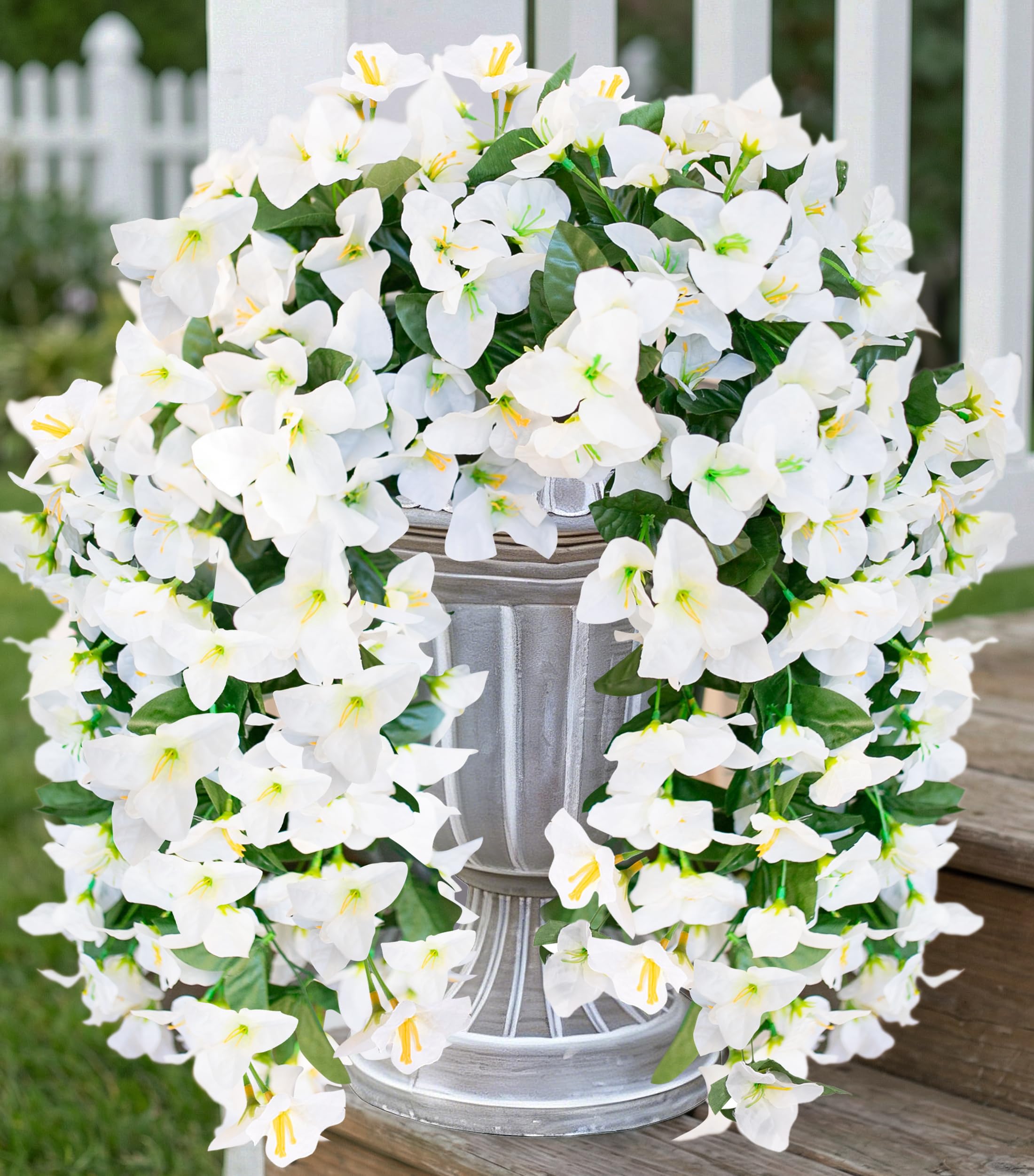 HyeFlora Bougainvillea Artificial Hanging Flowers Plants for Outdoors Decoration, 2pcs White Fake Flowers Silk Bougainvillea Vines Realistic UV Resistant Faux Flowers for Outdoor Planters Patio Yard