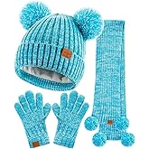 Kids Winter Hat Gloves Scarf Set, Girls Toddler Children Beanie with Pom Knit Neck Warmer Gaiter Mittens Fleece Lined Set（Mint Green Mix）