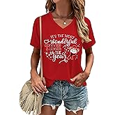 HQP Christmas Shirts for Women: Merry Christmas V Neck T Shirt Xmas Tree Graphic Tees Christmas Vacation Short Sleeve Tops