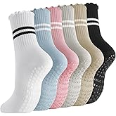 Jspupifip Pilates Socks with Grips for Women, 6 Pairs Ruffle Yoga Socks Frilly Barre Non Skid Athletic Crew Grip Cotton Socks for Ballet, Dance, Workout, Fitness