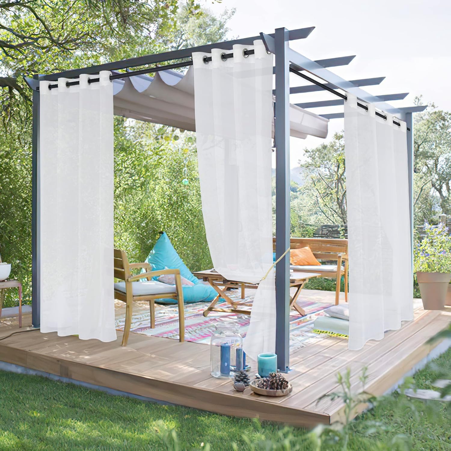 Outdoor Curtains - NICETOWN 2 Panels Outdoor Curtains Waterproof for Patio Waterproof Sheer Texture, Rustproof Grommet Outdoor/Indoor Curtains for Yard/Pergola, W54 x L84, White