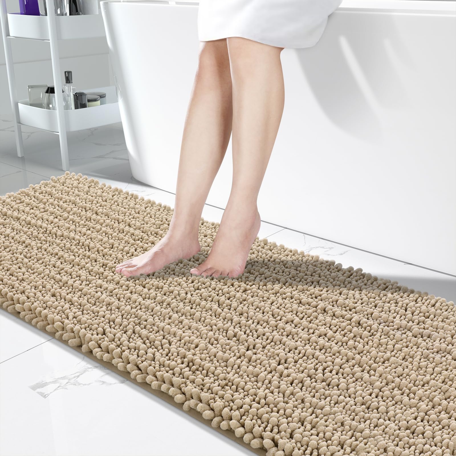 Photo 1 of Yimobra Bathroom Runner Rug 70x24 Inch - Extra Long Non Slip Chenille Bath Mat, Soft & Absorbent, Machine Washable Shaggy Hallway Carpet for Vanity Tub Shower, Pale Khaki Home Decor Accessories