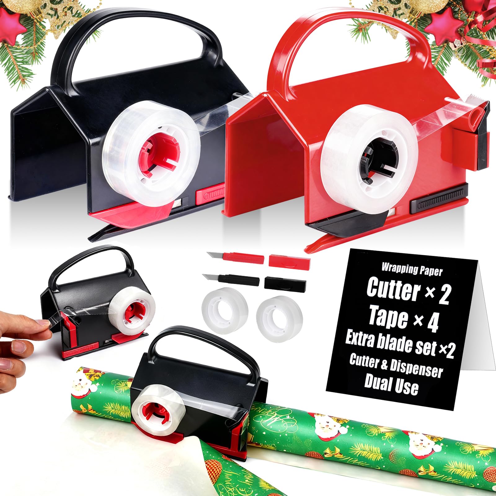 Photo 1 of (2-Pack) Wrapping Paper Cutter&Tape Dispenser Dual Use-4 Tapes,2 Replace Blades-Christmas Gift Wrap Tool, Paper Roll Slicer,Efficient Sliding Straight Cut Packaging Tool for Birthday Gift Wrap Cutter