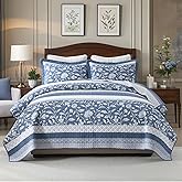 PERHOM 100% Cotton King Quilt, King Size Quilt with 2 Pillow Shams, Blue and White Floral Pattern, Lightweight Soft Comforter, Farmhouse Quilted Bedspread Bedding Set, 3 Piece