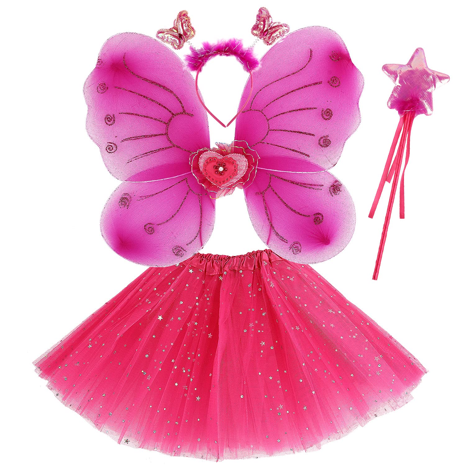Discoball Girls Fairy Costume Set Princess Tutu Skirt Fairy Magic Butterfly Wings Dress Up Fantasy Costume Play with Butterfly Wings, Magic Wand and Headband Set for 3-8 Years Girls (Rose Red)