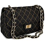 M-ioi-M Vintage Quilted Denim Flap Shoulder Bag with Chain Strap for Women | Vintage quilted denim shoulder bag with classic double flap, chain strap and crossbody option for versatile everyday style
