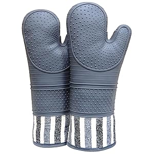 RED LMLDETA Heat Resistant 550 Degree Oven mitt, Silicone Oven Hot Mitts - 1 Pair, Extra Long Professional Baking Oven Gloves - Food Safe,Pot Holders Cooking,Grilling,Kitchen (Grey)
