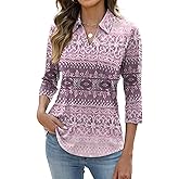 AKEWEI Womens 3/4 Length Sleeve Tops V Neck Casual Basic Tees Work Polo Shirts Collared Summer Top with Front Pocket