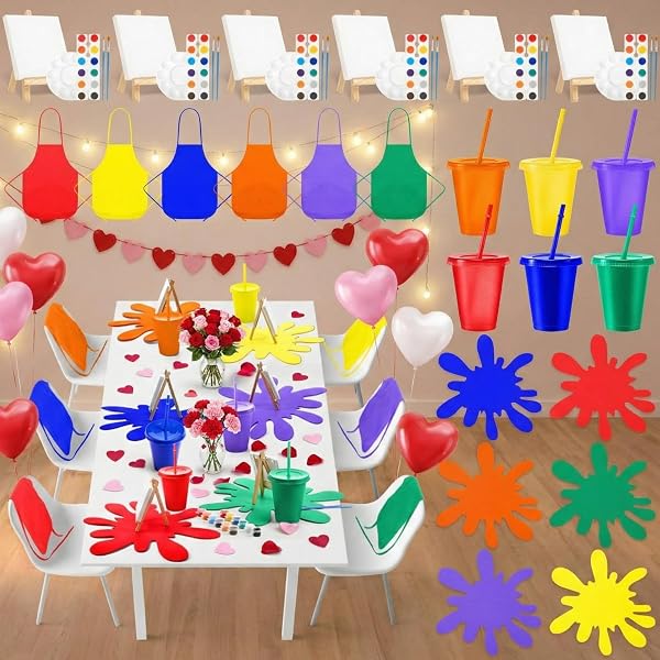 AMAZINGSPARK 48 PCS PAINTING PARTY CHRISTMAS FAVORS INCLUDES CANVAS & EASEL KIT AND APRONS, PALETTES, CUPS, BRUSHES, PAINTS AND FELT TABLE MAT PARTY VIBRANT ART SUPPLIES FOR PAINTING
