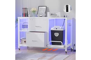 Hyomdeck Lateral White File Cabinet with 2 Drawers and Shredder Stand, Wood Filing Cabinets with Outlet and LED Light, Printer Stand with Open Storage Shelf, Home Office Cabinet for Letter Legal Size