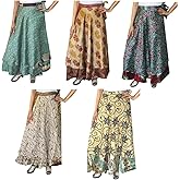 Maple Clothing Women's Indian Vintage Sari Skirts Magic Wrap Around Long Silk Boho Two Layers Multicolored Wholesale 5 Pcs Lot