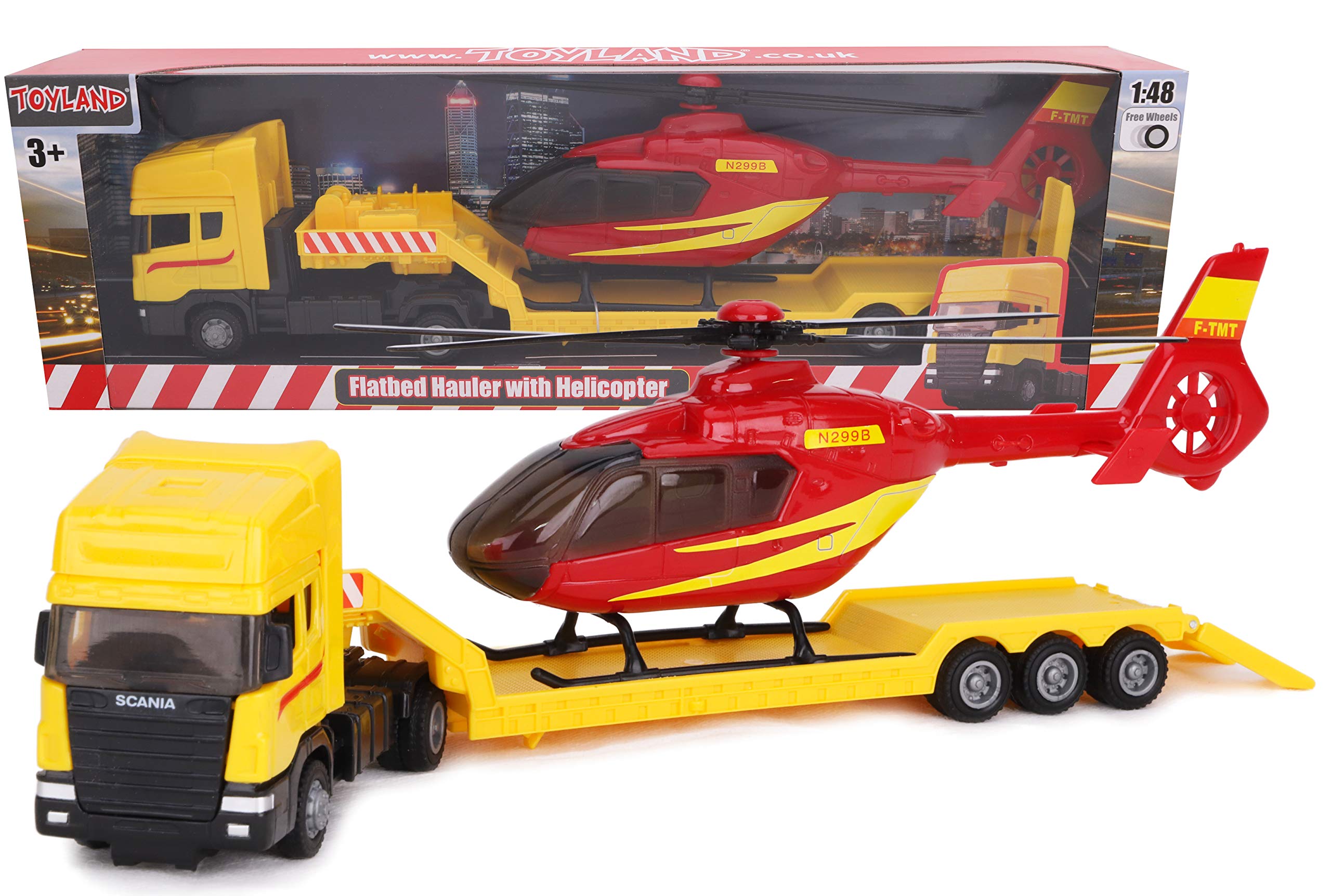 Toyland® Scania Flatbed Hauler With Helicopter - 1:48 Scale - Free Wheel - Transport Vehicle Toys - Vehicle Collectables - Boys Toys (Yellow Truck/Red Helicopter)
