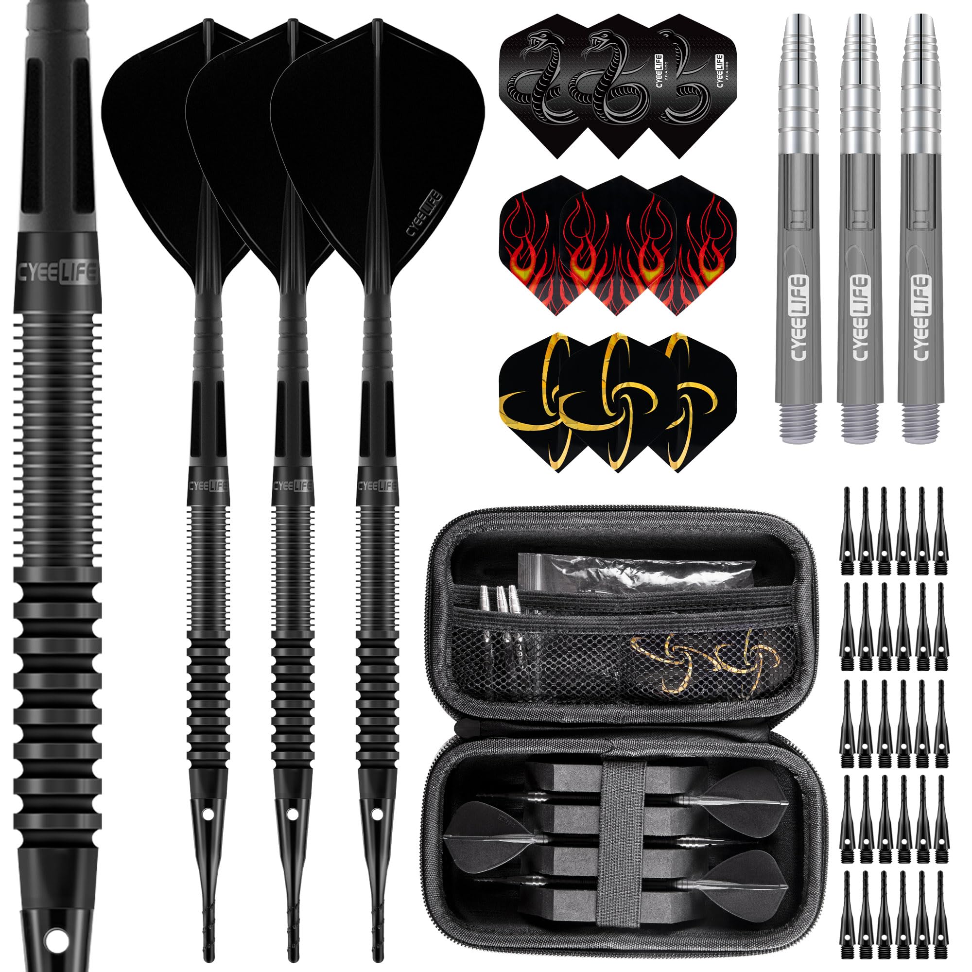 CyeeLife Professional Tungsten Soft Dart Set,18 Gram with 3 Integrated Dart Flight and Shaft 30 Additional Dart Tips 9 Flights 3 PC Shafts 1 Dart Bag for Electronic Dart Board,Gift Sets (Black)