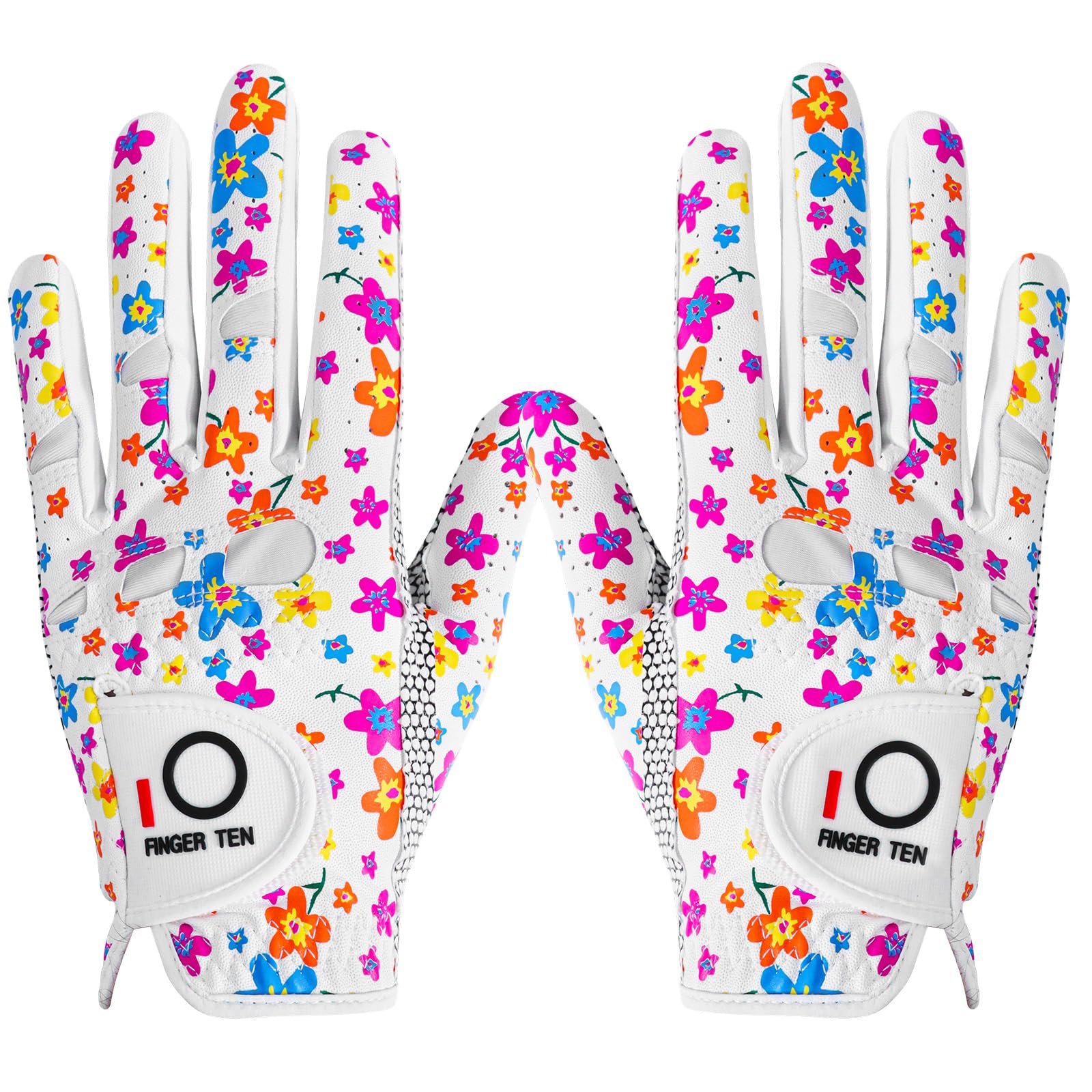 FINGER TEN Golf Gloves Ladies for Left and Right Hand with Non Slip Palm All Weather Soft in Pair,Women Golf Glove Rain Grip Weathersof Pro Color White Pink Size S M L XL (Small,Colorful)