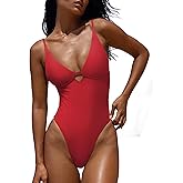 LASLULU Women's Sexy One Piece Swimsuits V Neck Padded Bathing Suit Modest Front Cutout Open Back Slimming Swimsuit
