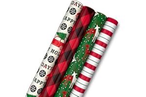 HALLMARK Image Arts Christmas Wrapping Paper, Rustic Holiday Gift Wrap (Pack of 4: 120 Sq. Ft. Total) Red Car with Trees, Red and Black Buffalo Plaid, Deer, Stripes