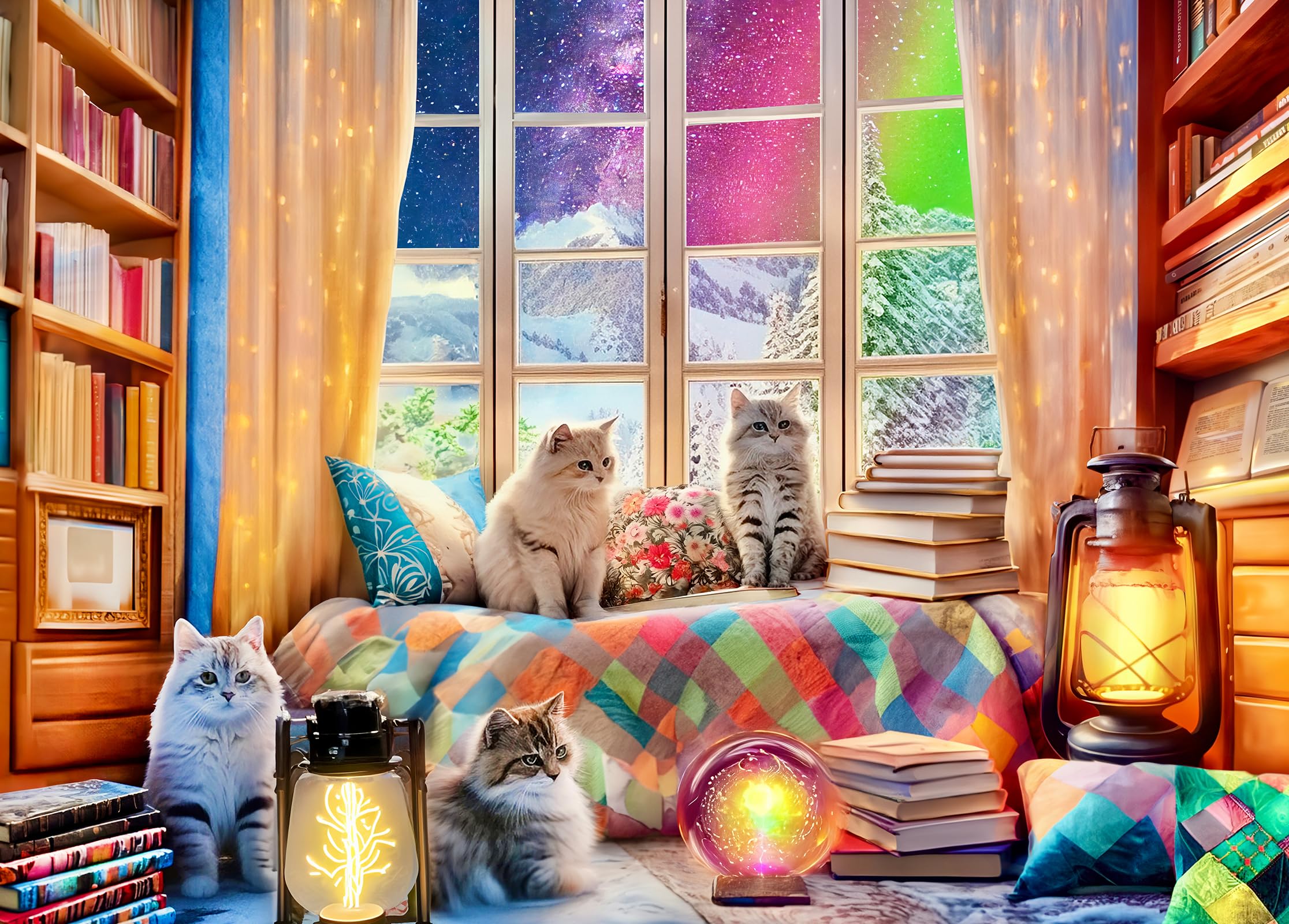 300 Piece Puzzles for Adults - Winter Jigsaw Puzzles for Kids - Northern Lights and Cozy Cats
