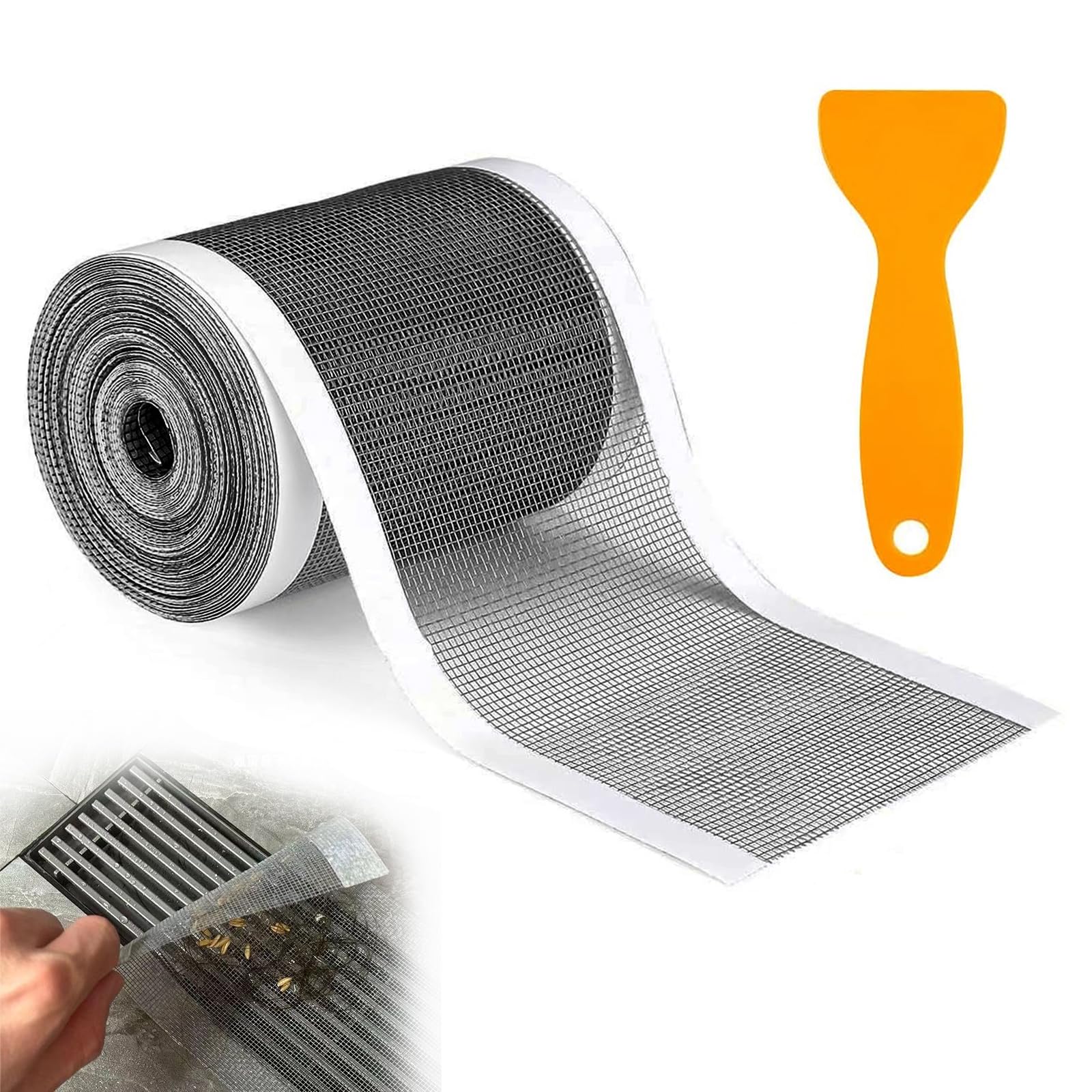 Drain Hair Catche, 7cm x 10m Rectangle Shower Drain Mesh, Disposable Shower Drain Mesh Sticker Rectangular Filter Sink Strainer with Plastic Spatula for Bathroom Kitchen