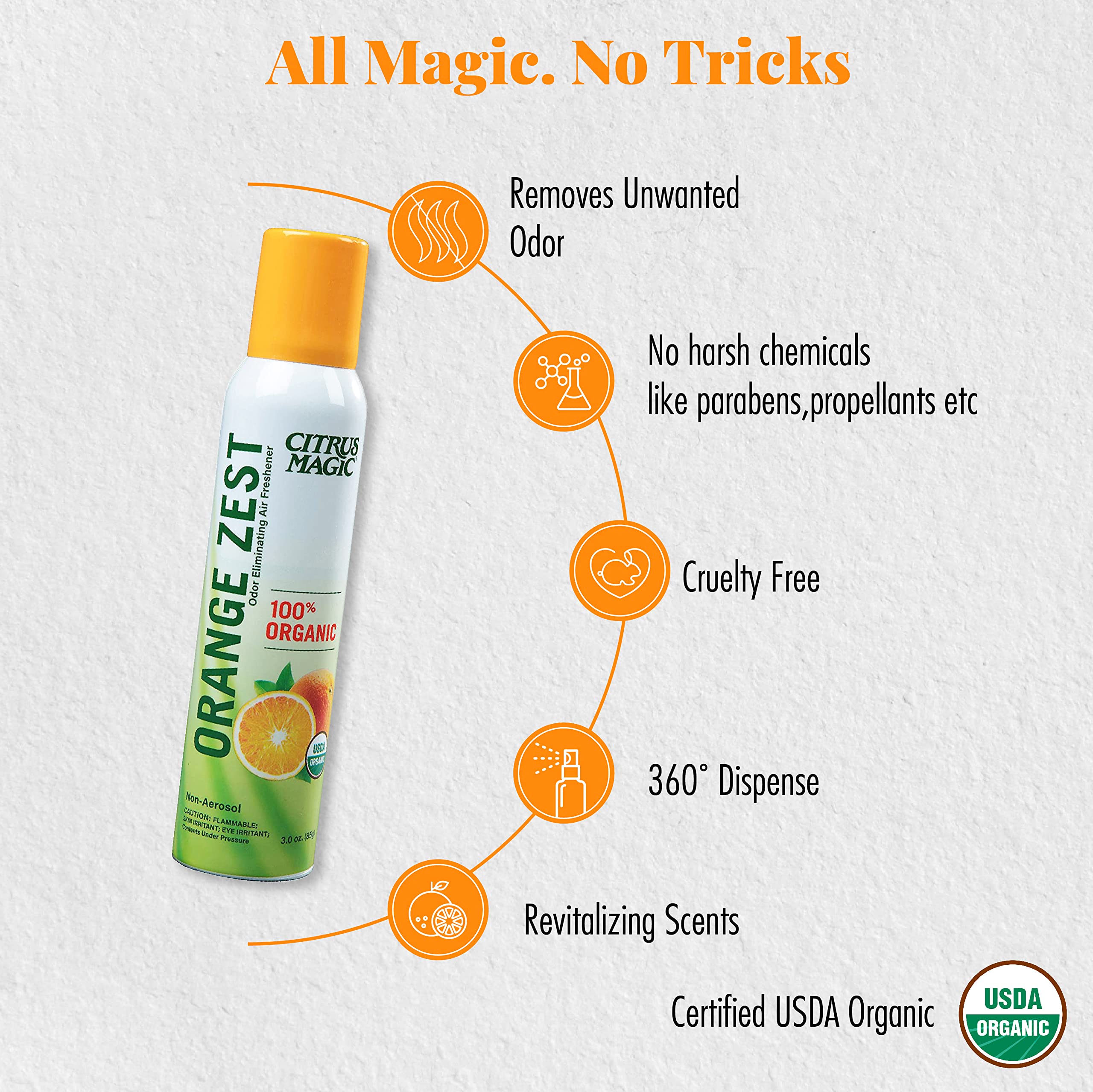 Citrus Magic Organic Natural Odor Eliminating Air Freshener Spray, Orange Zest, 3-Ounce, Pack of 3