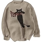 GORGLITTER Women's Graphic Crewneck Sweater Cute Trendy Cat Pullover Oversized Knit Chunky Long Sleeve Sweater Tops Knitwear