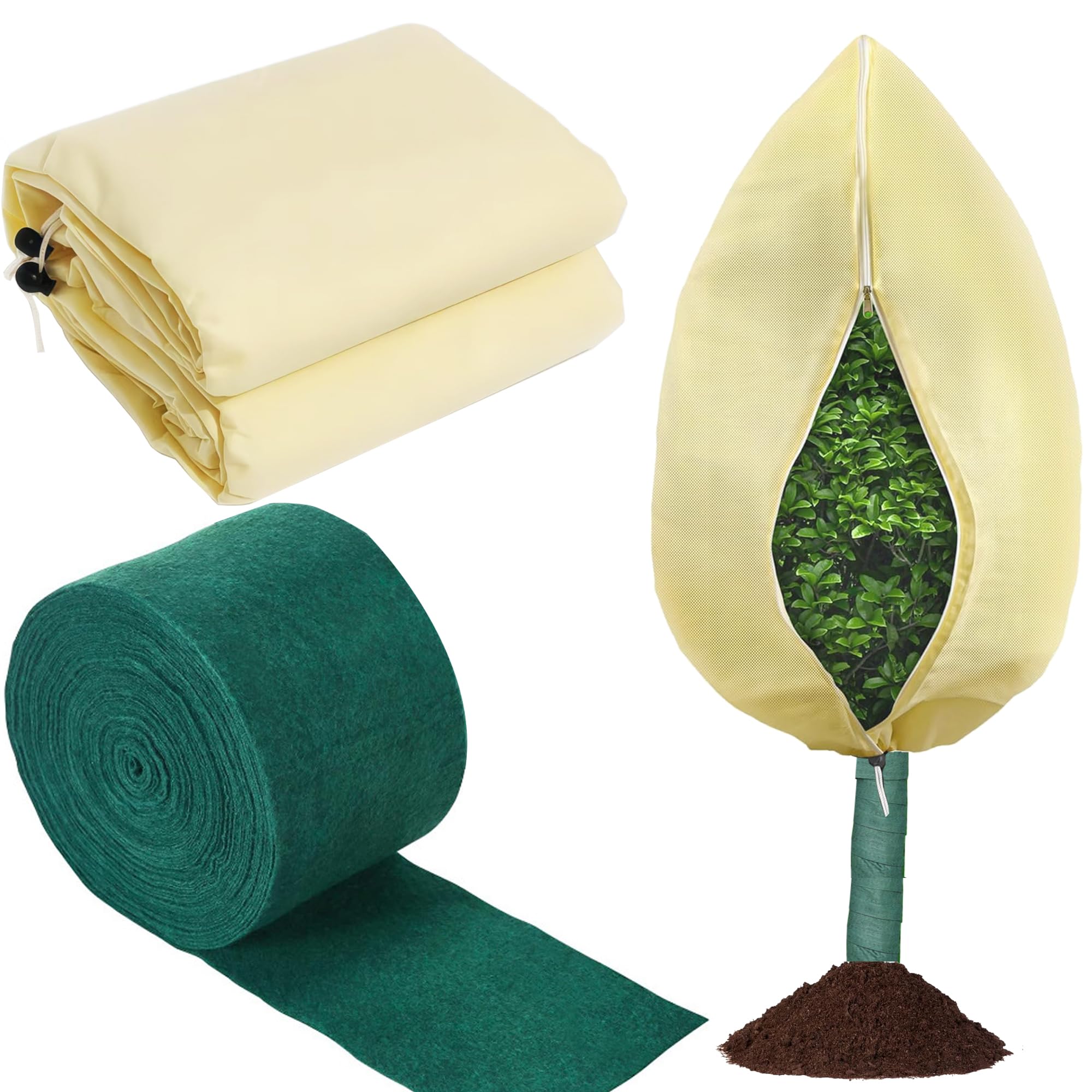 Photo 1 of 1 Pack 94" X 79" Large Plant Covers Freeze Protection & 1 Pack 50 Ft Tree Wraps to Protect Bark, Winter Zipper Drawstring Plant Frost Cover Blankets Thickened Tree Trunk Guard Wrap Protection