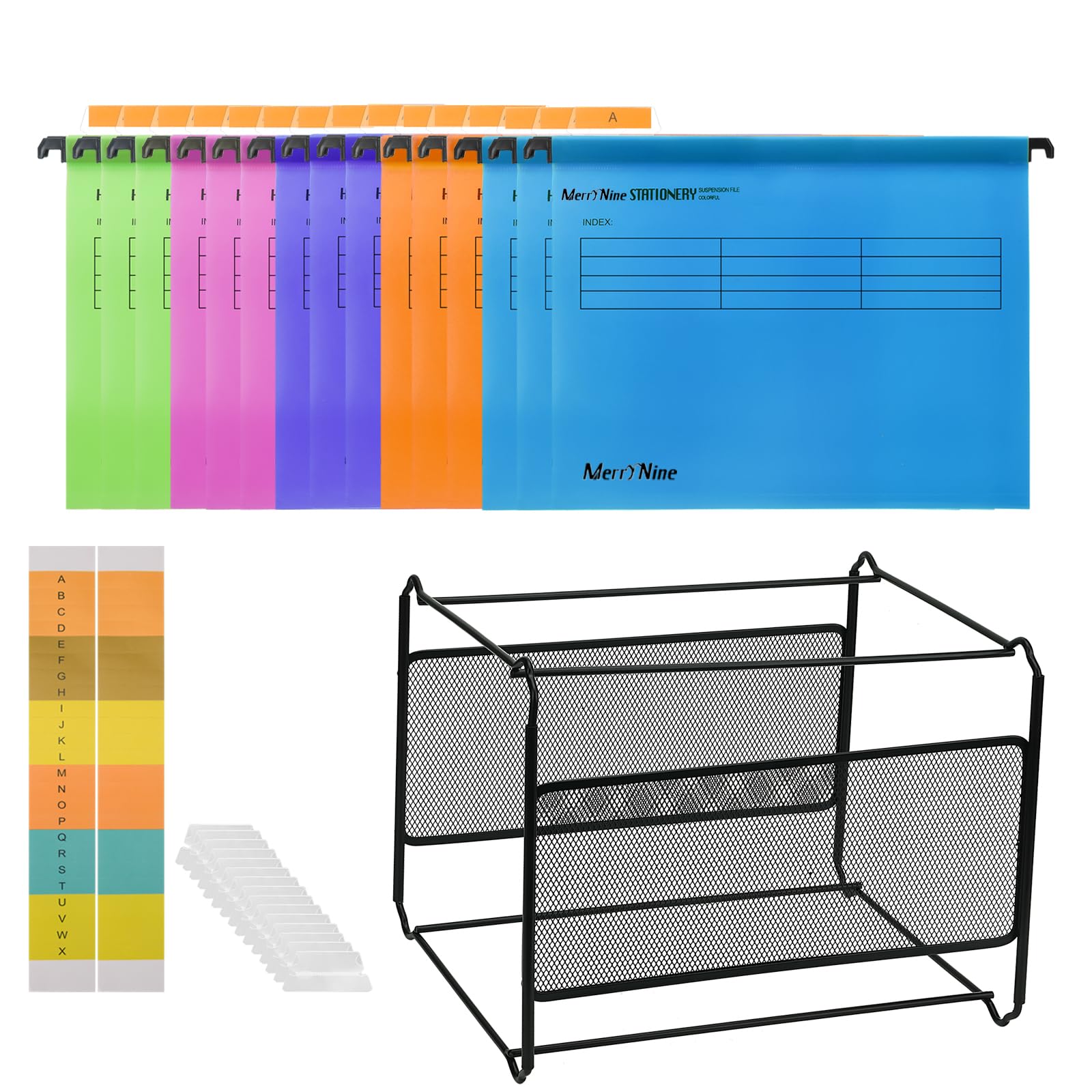 MerryNine Suspension Files and Frame, A4 Suspension Files 15PCS 5 Color with Tabs and Card，Black Metal Mesh A4 Suspension File Frame Desktop Hanging File Folder Organiser