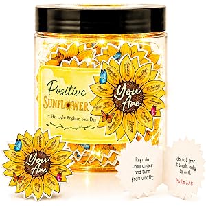 Positive Sunflower Jar with 30 Bible Verse Cards, Christian Gifts for Women | Sunflower Bible Verses in a Jar with String Lig