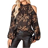 SOLY HUX Women's Floral Mesh Blouse Cold Shoulder Mock Neck Bishop Long Sleeve Tops Black and Gold Floral Large