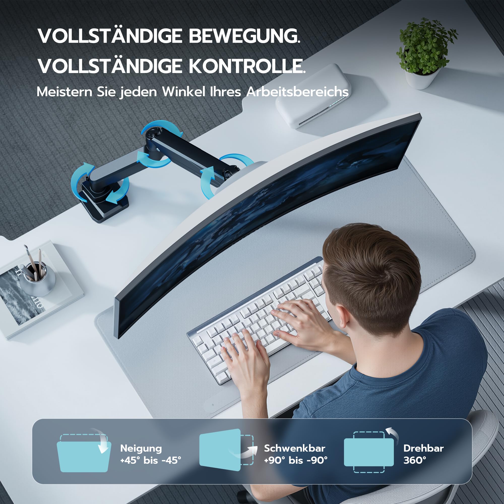 ARES WING Monitor Halterung für 17"-49" Flach Curved Bildschirm, Höhenverstellbar Bildschirmhalterung, Einzel Monitor Arm Tragfähigkeit Max 18 kg, 75/100mm Vesa-Halterung, Tischhalterung Schwarz 3