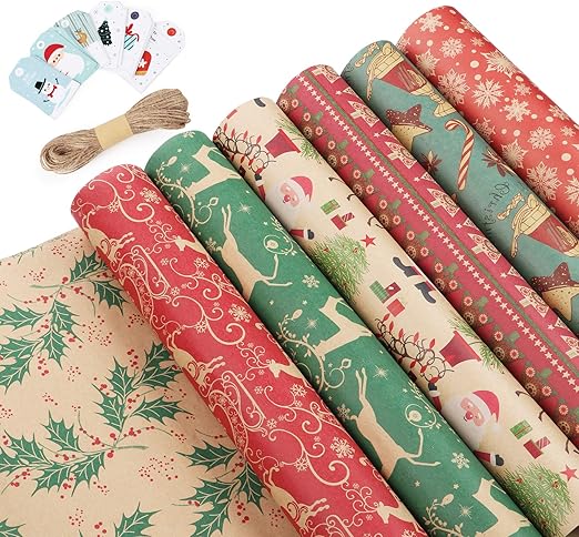 Weihnachts Geschenkpapier Set - 12 Blätter 70x50cm Mit Karten & Seil