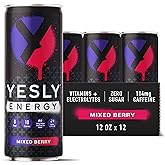 Yesly Energy Drink, Mixed Berry, Naturally Flavored Sparkling Energy Drink With Electrolytes, Magnesium, Potassium, Vitamin C, B6 & B12, Natural Caffeine From Green Tea, 12 Fl Oz Cans, 12 Pack