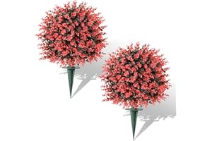 Lewondr Artificial Boxwood Topiary Ball Trees, 22.83'' Fake Plants Outdoor with Ground Spike, Set of 2 UV and Fade Resistant Faux Greenery Shrubs for Outdoor Indoor Front Porch Garden, Red