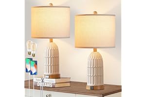 Table Lamps for Bedroom Set of 2, Farmhouse 3-Way Dimmable Touch Lamp for Nightstand with 2 USB Charging Ports, White Vintage