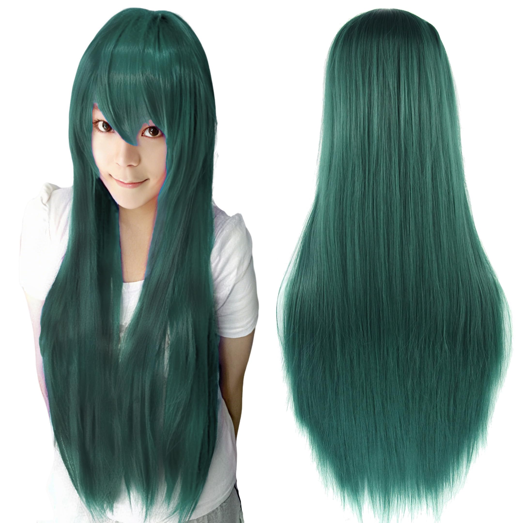 IMISSU 80cm Long Straight Natural Hair Cosplay Wigs with Bangs Colorful Halloween Costume Party Wig for Girl (Dark Green)