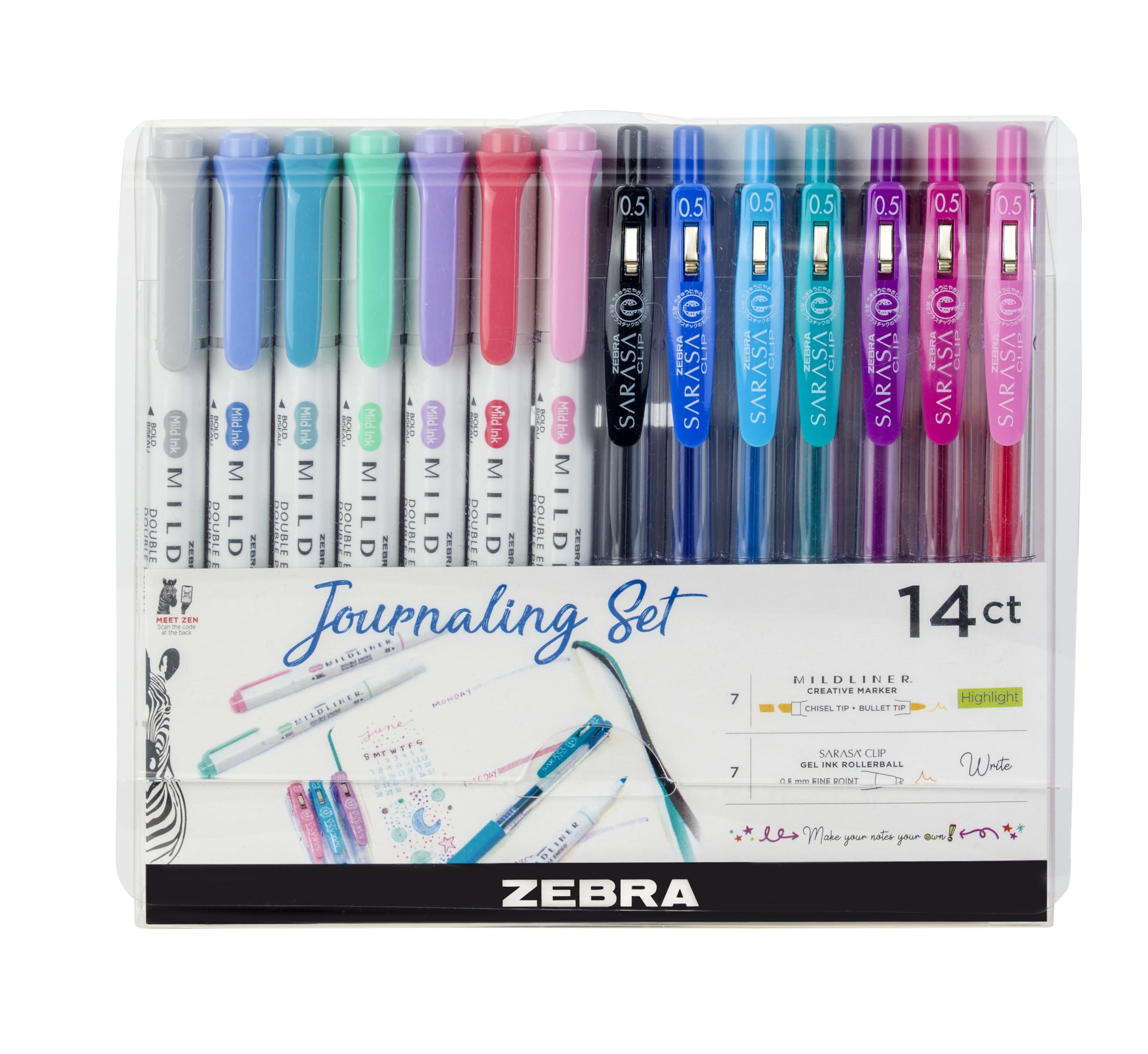 Zebra Pen MILDLINER Dual Tip Highlighter Journaling Set, Gel Pens & Pastel Highlighters Multipack, Broad & Fine Tip Markers & Highlighters, Double Ended Pens, Assorted Colours, 14pc