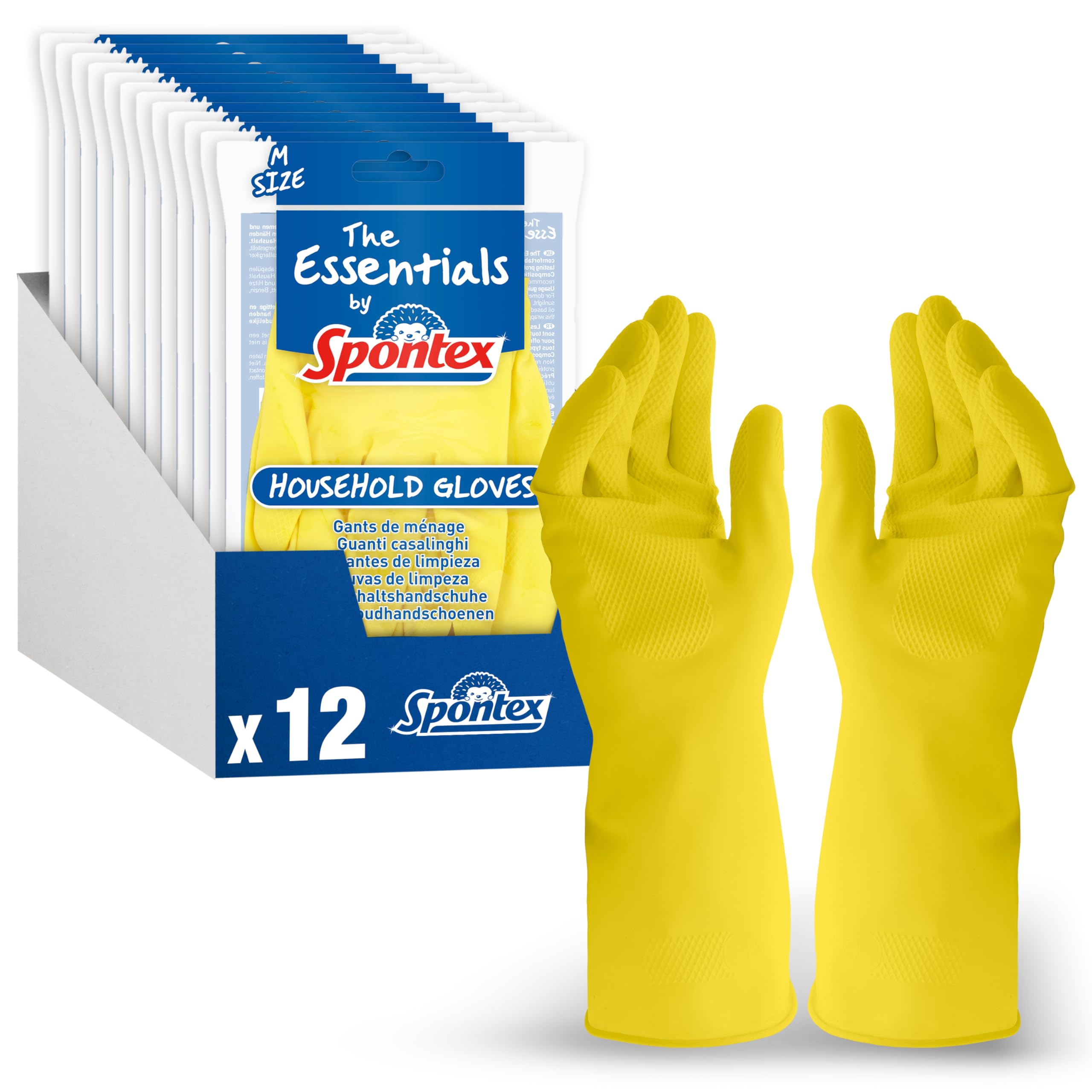 Spontex The Essentials Reusable Rubber Gloves | Medium | Natural Latex Cleaning Gloves | Cotton Lining | 12 x 1 Pack (12 Pairs Total)