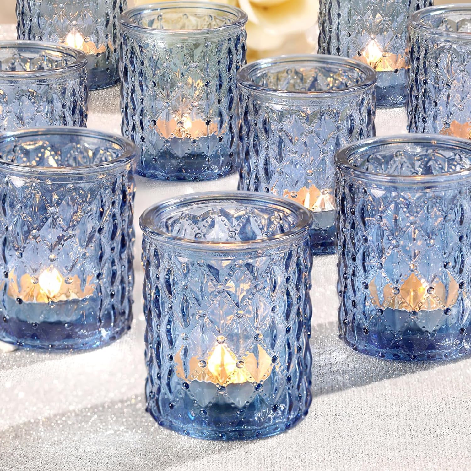 Azuritek 12pcs Votive Candle Holders, Blue Glass Tealight Candles Holder for Living Room Wedding Decor, Candles Holders Gifts for Women