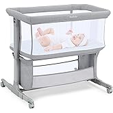 Ezebaby Bedside Bassinet for Baby, Portable Baby Bassinet Bedside Sleeper for Newborn Infants with Wheels Storage Basket, Adjustable 7 Heights and All Mesh Sides