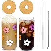 Mason Life Cute Glass Cups with Lids and Straws, Valentine's Day Gift for Women, 18OZ Aesthetic Iced Coffee Cups, Flower Cute Glass Tumbler, Reusable Iced Coffee Cup - Set of 2