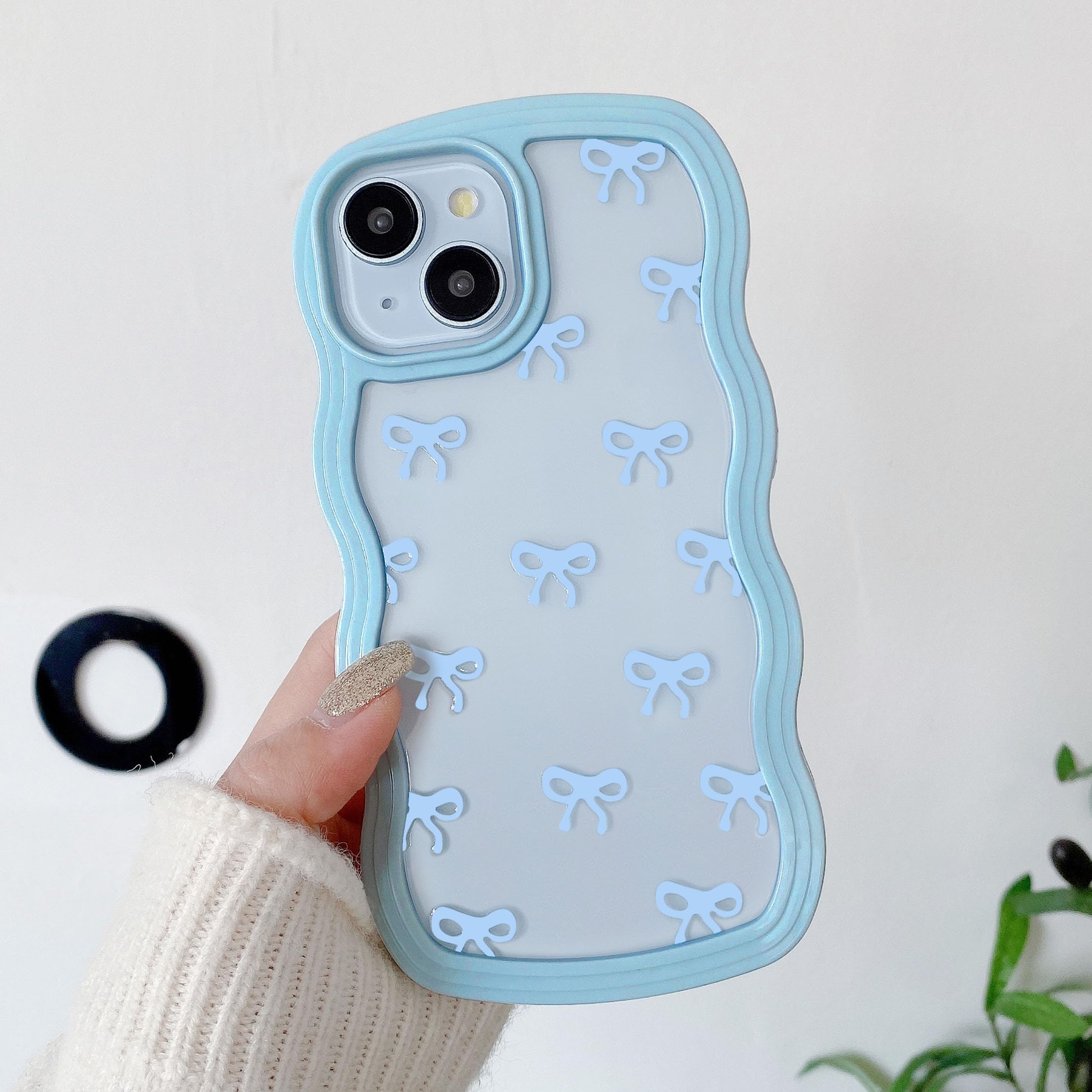 QLTYPRI Bow Case for iPhone 14 Plus/iPhone 15 Plus, Clear Cute Ribbon Bow Phone Case Curly Wavy Aesthetic Phone Case, Slim Soft Transparent Shockproof Protective Cover for Women Girls - Blue