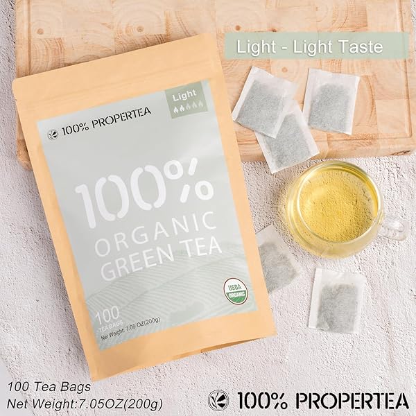 100% PROPERTEA ORGANIC GREEN TEA BAGS, 100 COUNT ECO-FRIENDLY TEA BAGS, LIGHT TASTE, CAFFEINATED, RICH IN ANTIOXIDANTS, RESEALABLE POUCH