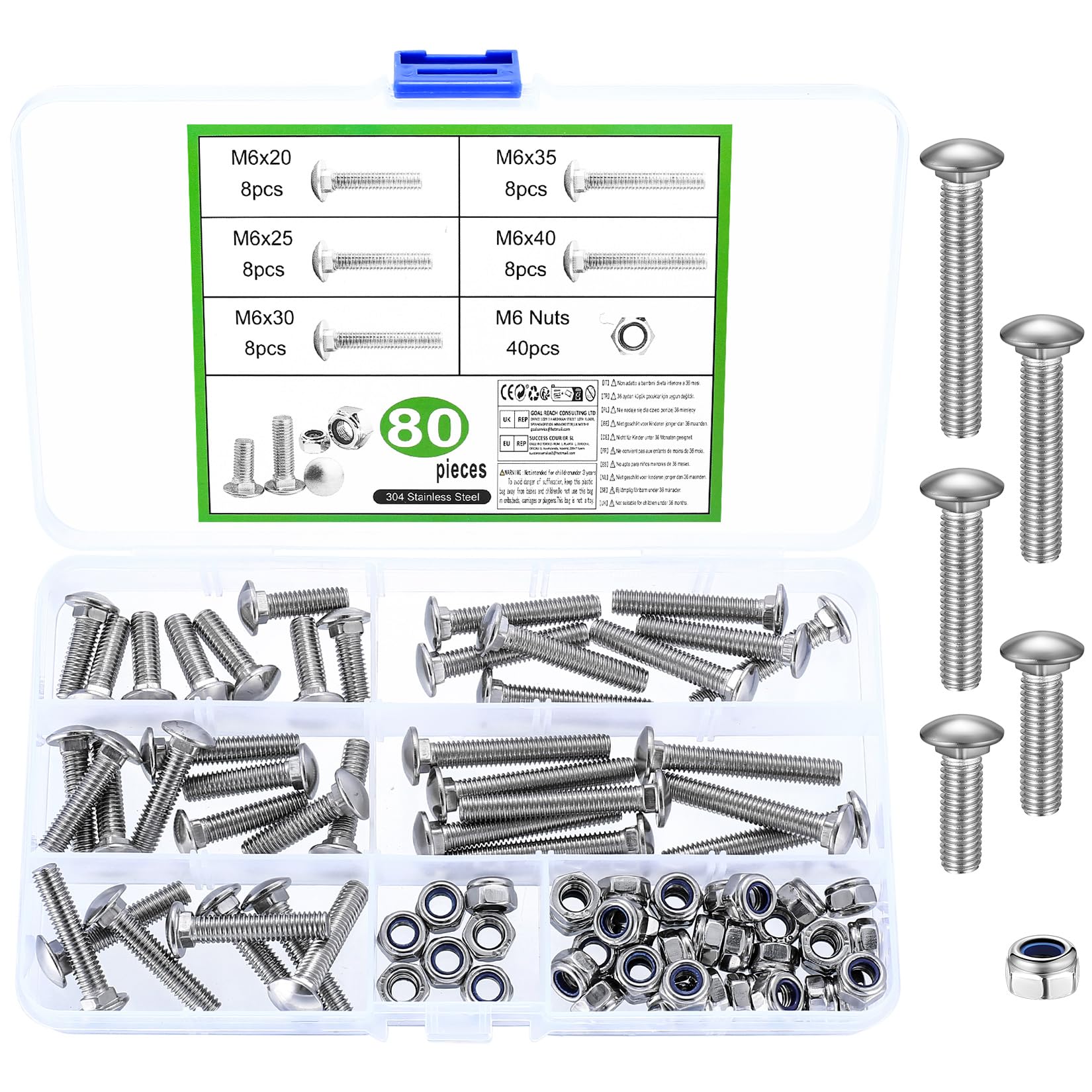 M6 Coach Bolts, 80 Pcs Cup Square Carriage Bolts and Nuts Set, Coach Screws with Hexagon Nuts, Stainless Steel Dome Head Bolts with Square Neck, M6 x 20mm/25mm/30mm/35mm/40mm