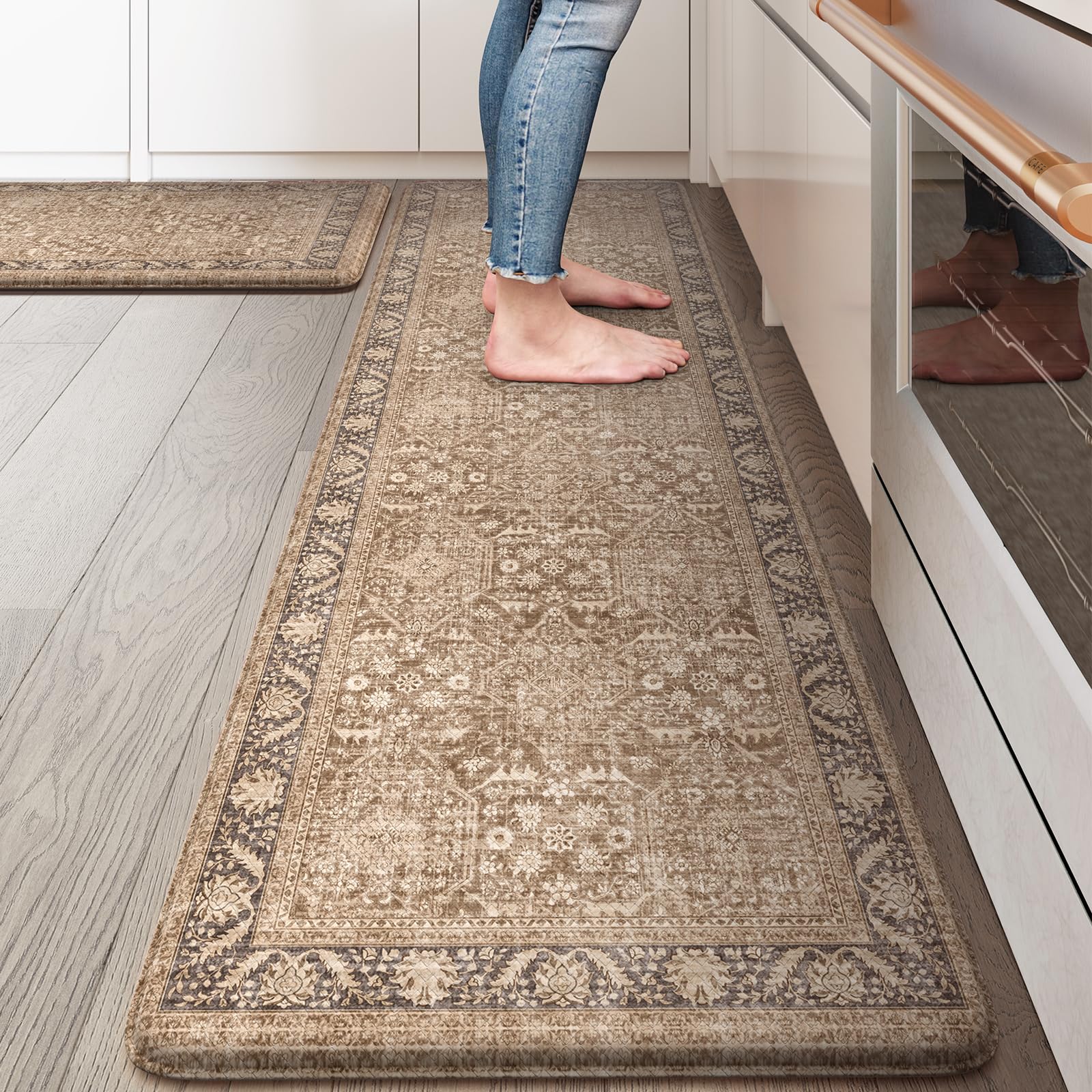 Photo 1 of KIMODE Farmhouse Anti Fatigue Kitchen Mat, 17"x59"+17"x29" Vintage Kitchen Rugs, Waterproof Kitchen Floor Mats Non Slip, Comfort Foam Standing Mat for Sink, Laundry, Office, Desk Brown