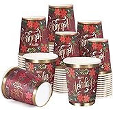 WRAPAHOLIC 50 Pcs Christmas Paper Cups - 9 oz Red Happy Holiday and Poinsettia Floral Disposable Cups, Holiday Party Supplies for Juice Coffee Hot Cold Beverage Drink