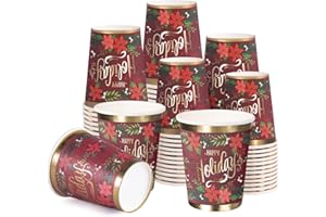 WRAPAHOLIC 50 Pcs Christmas Paper Cups - 9 oz Red Happy Holiday and Poinsettia Floral Disposable Cups, Holiday Party Supplies