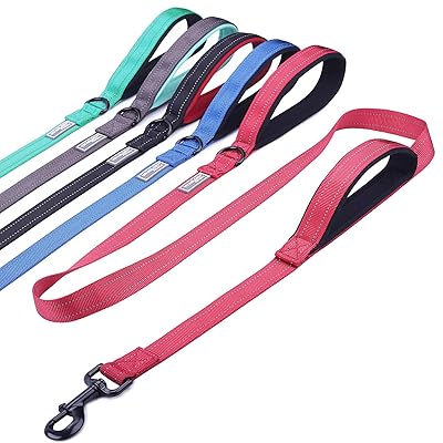 Vivaglory Dog Training Leash with 2 Padded Handles, Heavy Duty 6ft Long Reflective Safety Leash Walking Lead for Medium to Large Dogs, Red