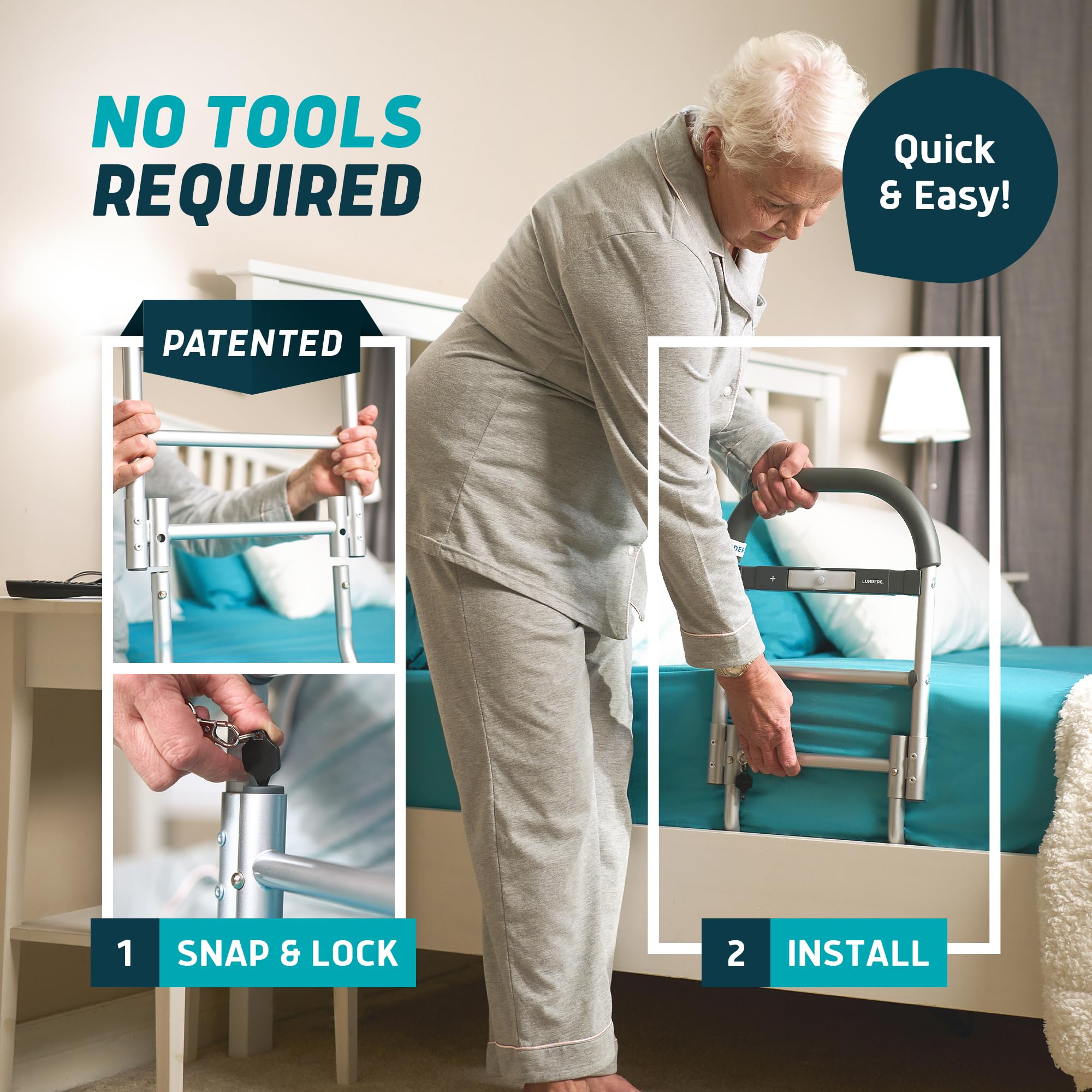 Lunderg Bed Assist Rail for Seniors with Motion-Activated Light & Non-Slip Grab Bar - Easy to Install Bed Rails for Elderly Adults Safety & Post-Surgery - Helps Reduce Falls & Support Independence