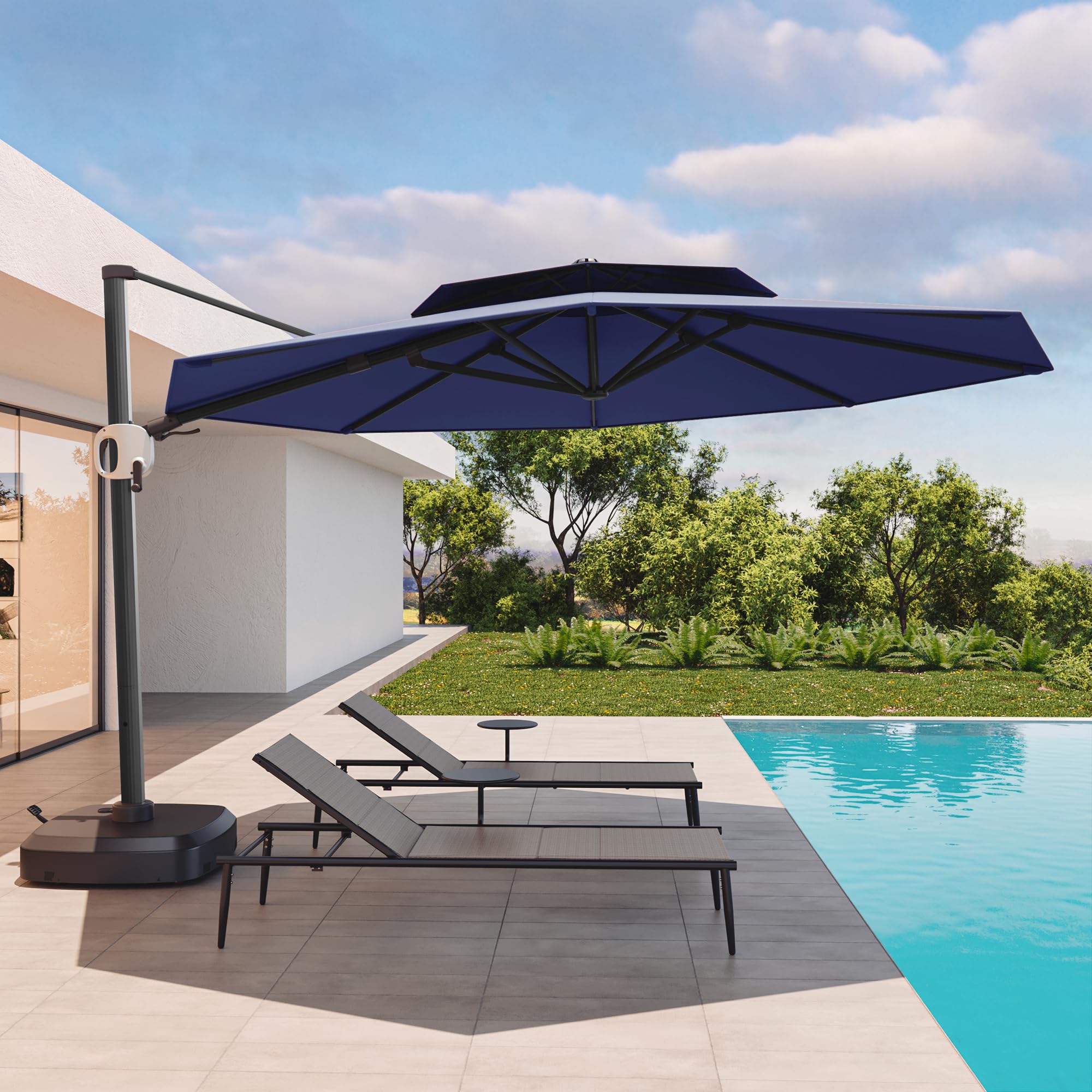EAST OAK and Flame&Shade Patio Umbrella, 11ft Round Outdoor Umbrella, Large Offset Cantilever Umbrella with 360° Rotation, Heavy Duty Windproof and UV Resistant Double Top Umbrella for Pool and Deck, Navy Blue