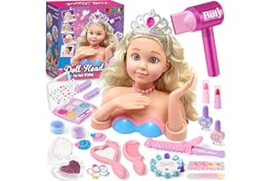 Golray Hair Styling Doll Head Makeup Kit Nail Art Girls Toys,Hair Salon Toy/ Real Cosmetics Nail Polish,Hairdryer Curling Iron Stylist Play Toy Princess Girl Birthday Gifts 3 4 5 6 7 8+ Years Old
